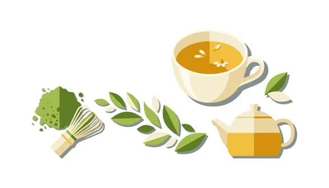 Handmade green tea preparation with teapot and cup illustration Vector 스톡 일러스트