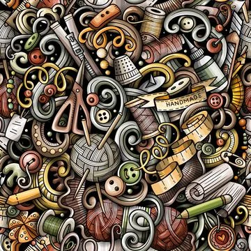 Handmade hand drawn raster doodles seamless pattern. Illustrazione stock