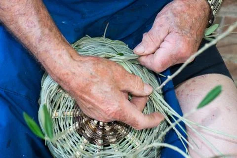 Handmade hands while making a wicker basket Stock Photos