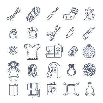 Handmade hobby activities vector flat thin line icons Stock Illustration