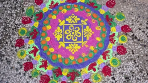 Handmade Indian Rangoli Design With Vibrant Colors For Festival Decoration Stock Footage 340462759