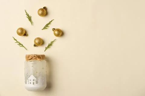 Handmade jar on beige background. Flat lay, top view. Copy space Stock Photos