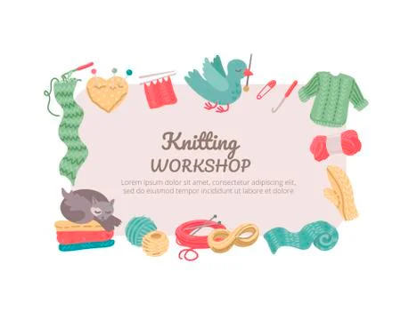 Handmade kit set with text frame. Tools for knitting. Vector illustration Stock Illustration