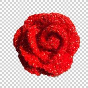 Handmade Knitted Red Rose with Gold Lurex Thread Isolated on Transparent Backgro Stock-Fotos