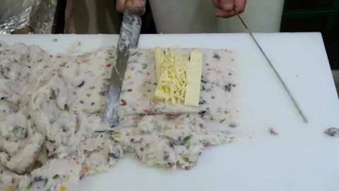 Handmade Korean Fish Cake (Eomuk) Master Preparing Cheese-Filled Street Food Sna Stock Footage 337374654