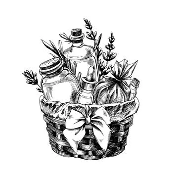 Handmade lavender cosmetics, jars, bath bomb, serum flowers and leaves, in a Stock Illustration