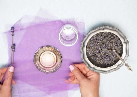 Handmade lavender sachet DIY, step by step instructions, step two Stock Photos