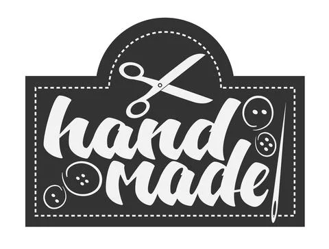 HANDMADE logo or label with scissors and needle and thread Illustrazione stock