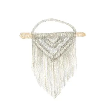 Handmade macrame cotton wall decoration with wooden stick Watercolor illustra Stock Illustration