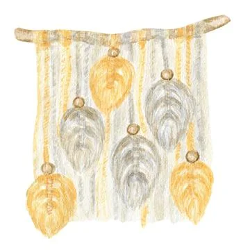 Handmade macrame cotton wall decoration with wooden stick Watercolor Stock Illustration