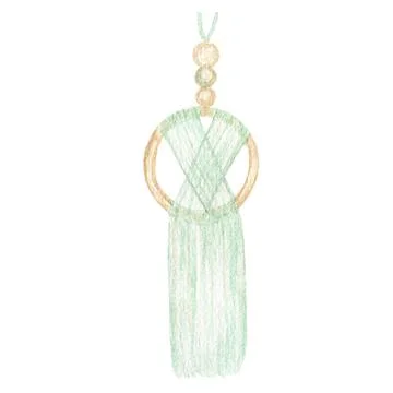 Handmade macrame cotton wall decoration with wooden stick Watercolor Stock Illustration