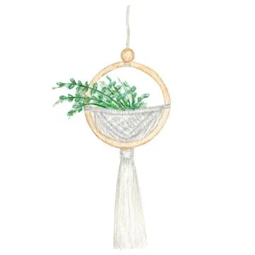 Handmade macrame cotton wall decoration with green plant Watercolor illustration Stock Illustration