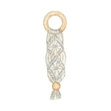 Handmade macrame cotton wall decoration with wooden stick Watercolor Stock Illustration