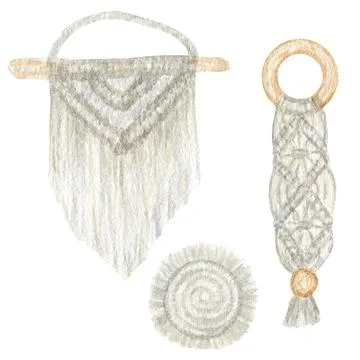 Handmade macrame cotton wall decoration with wooden stick Watercolor Stock Illustration