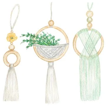 Handmade macrame cotton wall decoration set with green plant Watercolor イラスト素材
