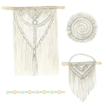 Handmade macrame cotton wall decoration with wooden stick Watercolor イラスト素材