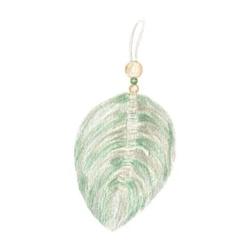 Handmade macrame green leaf cotton wall decoration with wooden stick Watercolor Stock Illustration