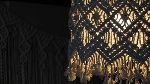 Handmade macrame lampshades hanging open design in natural colours.boho style Stock Footage 159403018