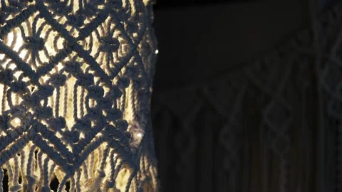 Handmade macrame lampshades hanging open design in natural colours.boho style Stock Footage 159603030