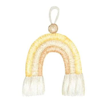 Handmade macrame rainbow cotton wall decoration Watercolor illustration on white Stock Illustration