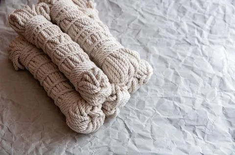 Handmade macrame thread, material for a natural modern decor concept Foto stock