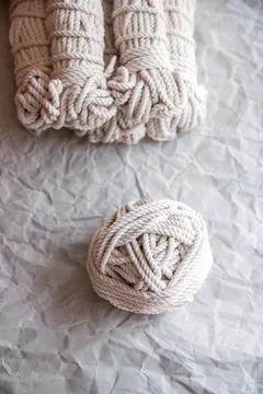 Handmade macrame thread, material for a natural modern decor concept Foto stock