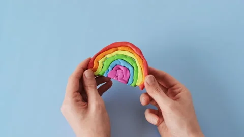 Handmade master class crafts rainbow from plasticine Stock Footage 164394848