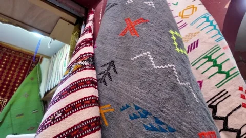 Handmade Moroccan Carpets at Souk El Had, Agadir, Morocco: 26-07-2024 Stockbeeldmateriaal 280782791