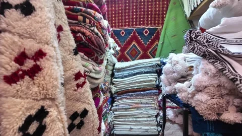 Handmade Moroccan Carpets at Souk El Had, Agadir, Morocco: 26-07-2024 Stock Footage 280826179
