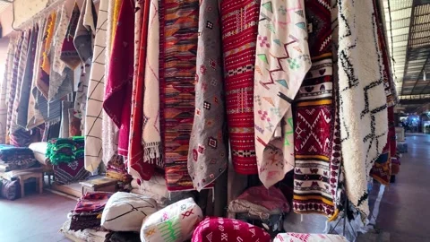 Handmade Moroccan Carpets at Souk El Had, Agadir, Morocco: 26-07-2024 Stock Footage 280826438