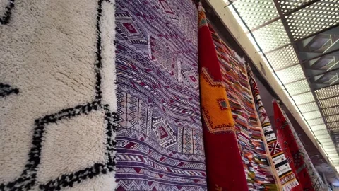 Handmade Moroccan Carpets at Souk El Had, Agadir, Morocco: 26-07-2024 Stock Footage 280828148