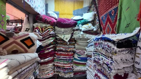 Handmade Moroccan Carpets at Souk El Had, Agadir, Morocco: 26-07-2024 Stock Footage 280830089
