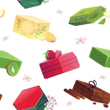 Handmade natural soap bars vector seamless pattern design, strawberry, lemon Illustrazione stock