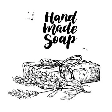 Handmade natural soap. Vector hand drawn illustration of organic cosmetic with Stock Illustration