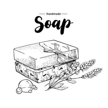 Handmade natural soap. Vector hand drawn illustration of organic cosmetic with Illustrazione stock