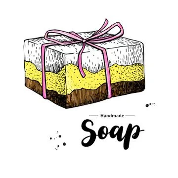 Handmade natural soap. Vector hand drawn illustration of organic cosmetic with Stock Illustration