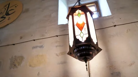 Handmade oriental lanterns in the ancient khan uzbek mosque in Crimea Stock Footage 201965307