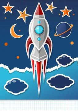 Handmade paper rocket in a school notebook. Stock Illustration