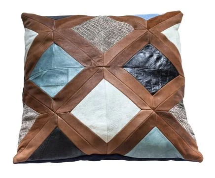 Handmade patchwork leather throw pillow isolated Stock Photos
