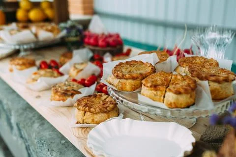 Handmade pie with vegetables on the table. Stock Photos