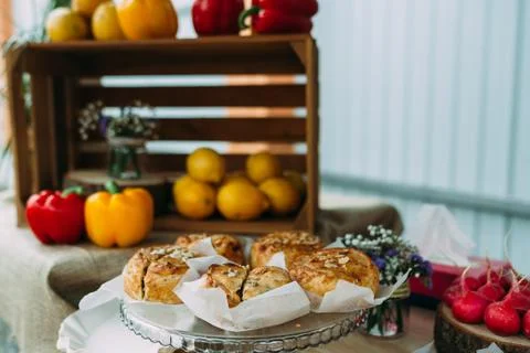 Handmade pie with vegetables on the table. Stock Photos