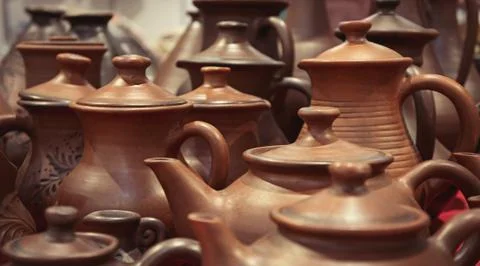 Handmade pottery at a workshop. Stock Photos