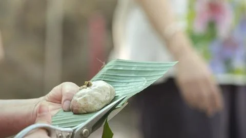 Handmade, pruning, scissors, grass cake, plantain leaves Stock Photos