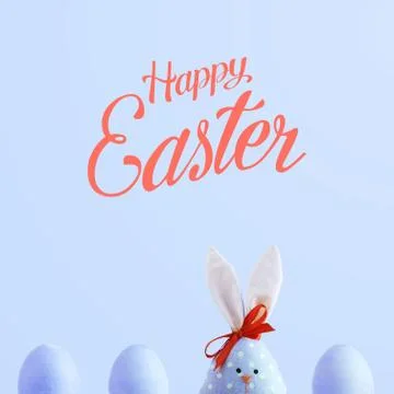 Handmade rabbit among Easter eggs, concept of celebration and fun. Text, happ Stock Photos