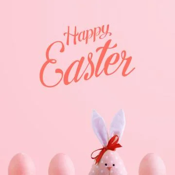Handmade rabbit among Easter eggs, concept of celebration and fun. Text, happ 库存照片