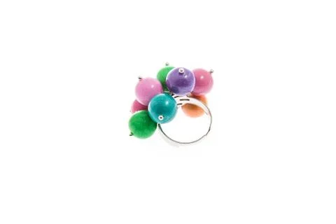 Handmade ring with multicolored polymer clay beads isolated on white Stock Photos