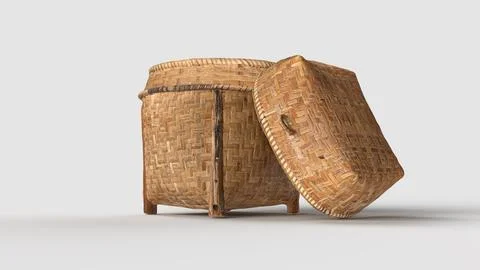 Handmade rustic woven bamboo basket, right side view Illustrazione stock