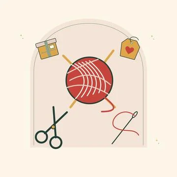 Handmade sewing gift with thread and scissors. Decorative flat vector composi Illustrazione stock