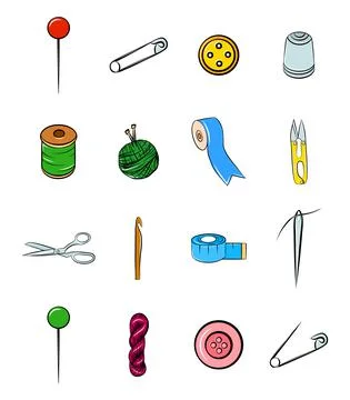 Handmade sewing tools icon set cartoon vector clip art graphic elements needl Stock Illustration