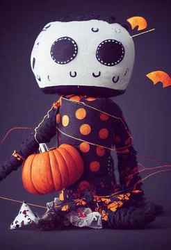 Handmade skull type gothic rag doll. Halloween Night Mystery. Digital Paintin 스톡 일러스트